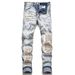 Men's Clothing Blue High Street Youth Embroidery Patch Embroidery Hole Elastic Tight Fitting Small Leg Men's Jeans_viptrois.com