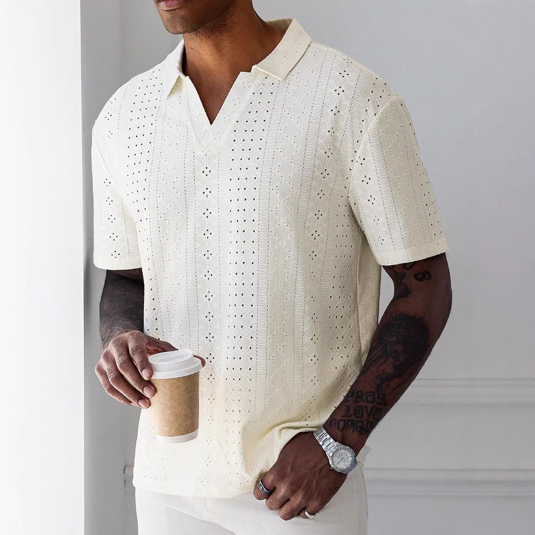 Men's Clothing Knitted Water Soluble Jacquard Hollow Fabric T Shirt Cardigan Short Sleeved Summer Shirt_viptrois.com