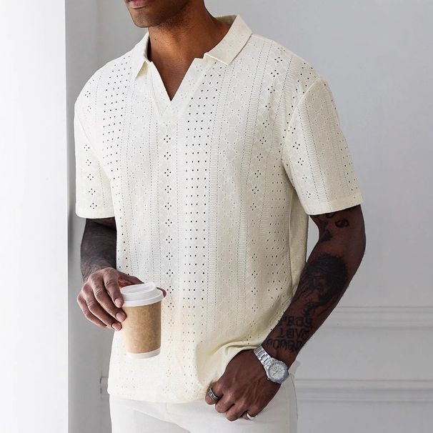 Men's Clothing Knitted Water Soluble Jacquard Hollow Fabric T Shirt Cardigan Short Sleeved Summer Shirt_viptrois.com
