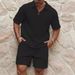 Men's Clothing New Fashion Waffle Solid Color Lapel Polo Shirt Short Sleeve Shorts Sports Suit_viptrois.com