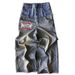 Men's Clothing Retro Street Hip Hop Frayed Stitching Double Waist Hole Rivet Loose Wide Leg Straight Jeans_viptrois.com