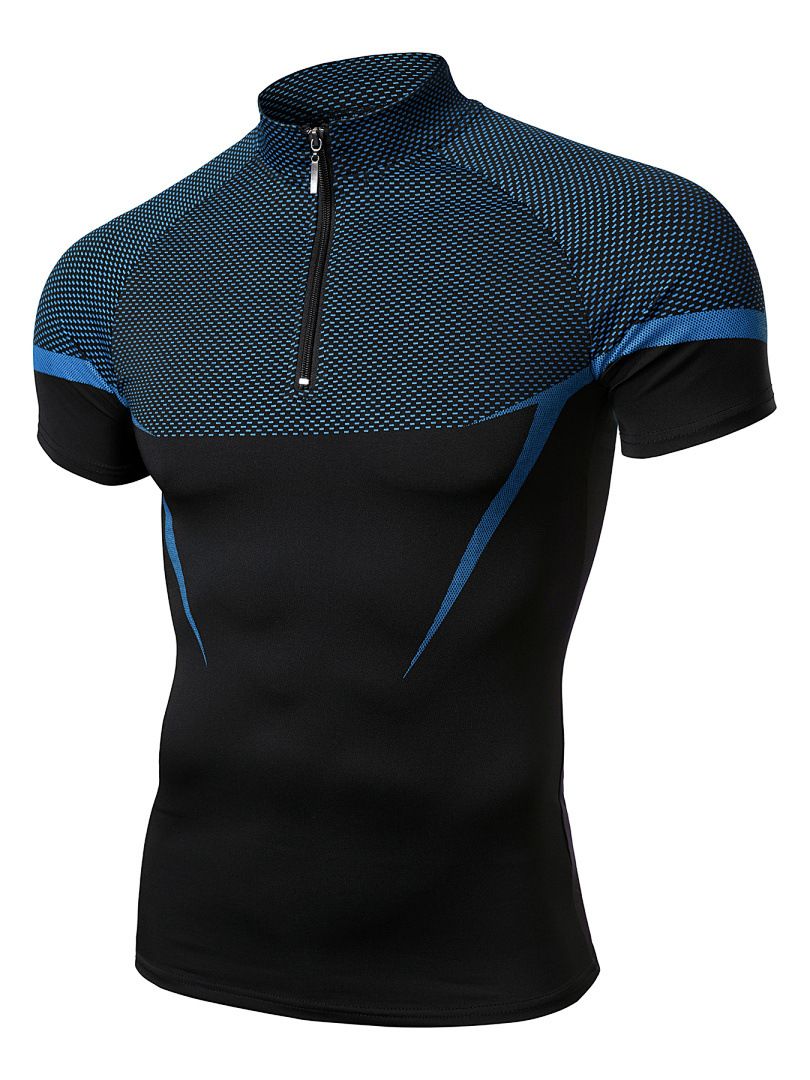 Men's Athletic Half Zip Training Shirt - High Stretch Quick Dry Slim Fit Workout Top With Contrast Color Design_viptrois.com