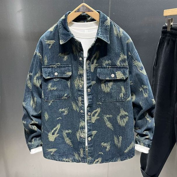 High-end Personalized Jacquard Embroidered Denim Shirt Men's Spring Loose Large Size American Trendy Brand Ruffian Handsome Lapel Jacket_viptrois.com