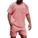 Men's Corduroy Casual Crew Neck Shorts Set Solid Color T-Shirt And Shorts Sporty Running Training Outfit_viptrois.com