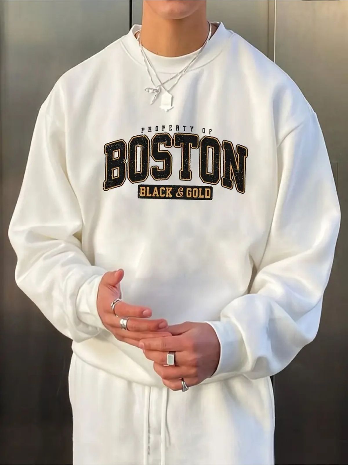 Men's Long Sleeved Round Neck Black T-shirt Top Loose Casual SweatshirtHerren BOSTON Print Sweatshirt_viptrois.com