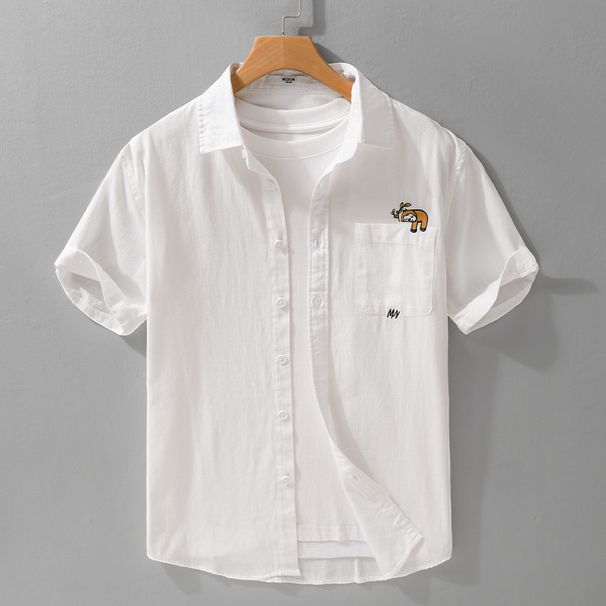 Summer Men's Simple And Versatile Short Sleeved Shirt Made Of Pure Cotton, Breathable And Fresh, Sloth Embroidered Casual Shirt_viptrois.com