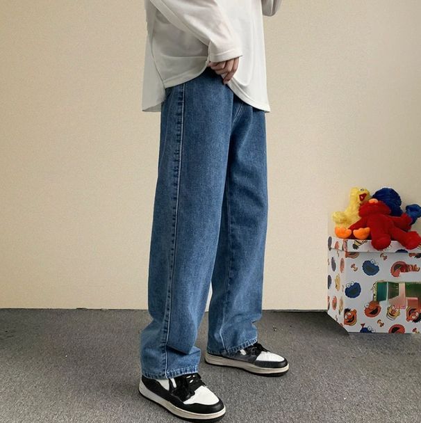 2024 Spring Streetwear Baggy Jeans Men Korean Fashion Loose Straight Wide Leg Hip-hop Pants Male Brand Clothing Black Light Blue_viptrois.com