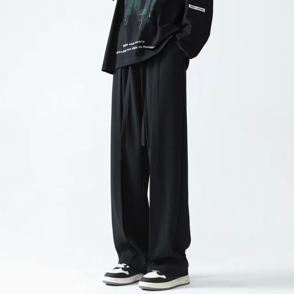 Men's Clothing Black Trousers Drape Oversize Straight Trousers With Elastic Waist Casual Suit Trousers_viptrois.com