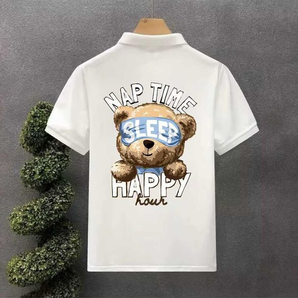 Trendy Brand Short Sleeved T-shirt For Men's Summer Slim Fit Plus Size Bear Print Lapel Polo Shirt, Simple Casual And_viptrois.com