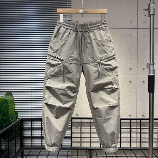 Men's Loose Fit Cargo Pants Multi Pocket Outdoor Casual Sports Quick Drying Functional Cropped Harem Drawstring Trendy Pants_viptrois.com