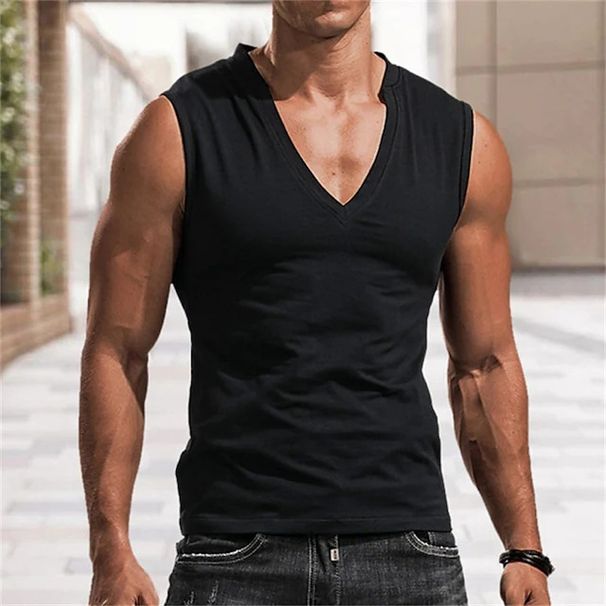 European Size Men's Solid Color V-Neck Vest Casual Breathable Sleeveless T-Shirt Gilet_viptrois.com
