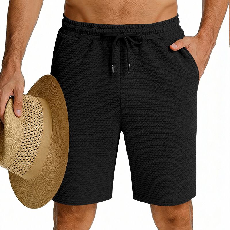 Men's Summer Staircase Fabric Shorts Solid Color Drawstring Five Point Pants_viptrois.com