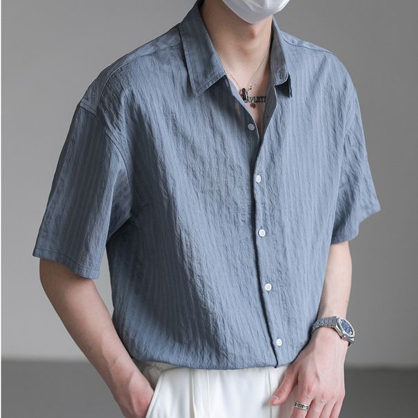 Men's Clothing Men's Short Sleeved Summer Solid Color Light Mature Style Men's Clothing Sense Drape Five Point Sleeve Shirt Jacket_viptrois.com