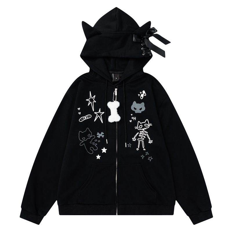 Men's Clothing Cute Cat Print Hoodie Women's Autumn New Y2K Loose Homewear Zipper Jacket_viptrois.com