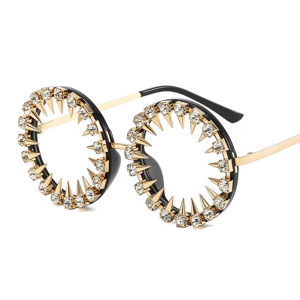 European And American Retro Round Frame Rhinestone Glasses For Men Metal Rivets Exaggerated Personality Prince Mirror Trendy Flat Mirror For Women_viptrois.com