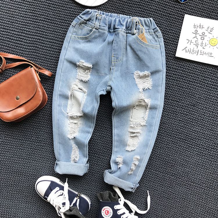 Children's Clothing Manufacturers Direct Sales 2024 Spring Boys And Girls Korean Style Versatile Personality Ripped Jeans A6705 Children's Pants_viptrois.com