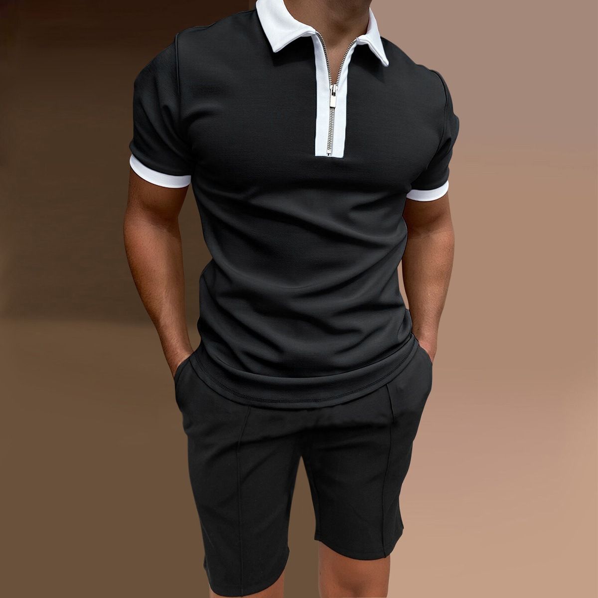 Men's Slim Fit Polo Shirt Set Short Sleeve Printed Zipper Lapel Pullover Casual Wear_viptrois.com