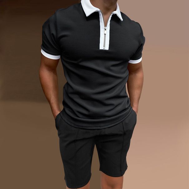 Men's Slim Fit Polo Shirt Set Short Sleeve Printed Zipper Lapel Pullover Casual Wear_viptrois.com
