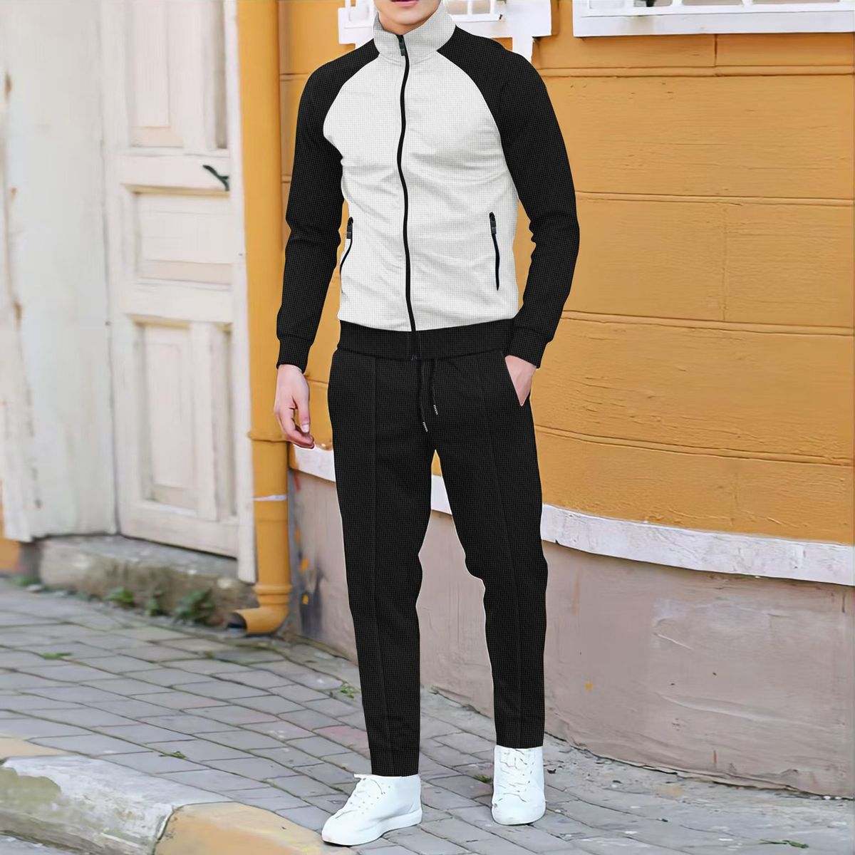 Men's Clothing Autumn New Fashion Contrast Color Raglan Sleeve High Collar Jacket Trousers Casual Sports Suit_viptrois.com