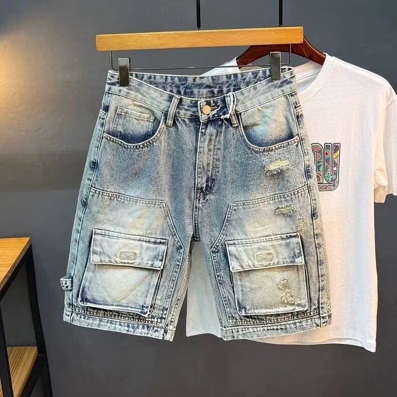 Men's Clothing Men's Retro Workwear Denim Shorts Heavyweight Washed Mid-Length Loose Straight Leg With Multiple Pockets Five Point Length_viptrois.com