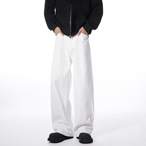American-style Cleanfit White Curved Hem Jeans For Men, Trendy New High Street Style, Loose Straight Wide-leg Trousers_viptrois.com
