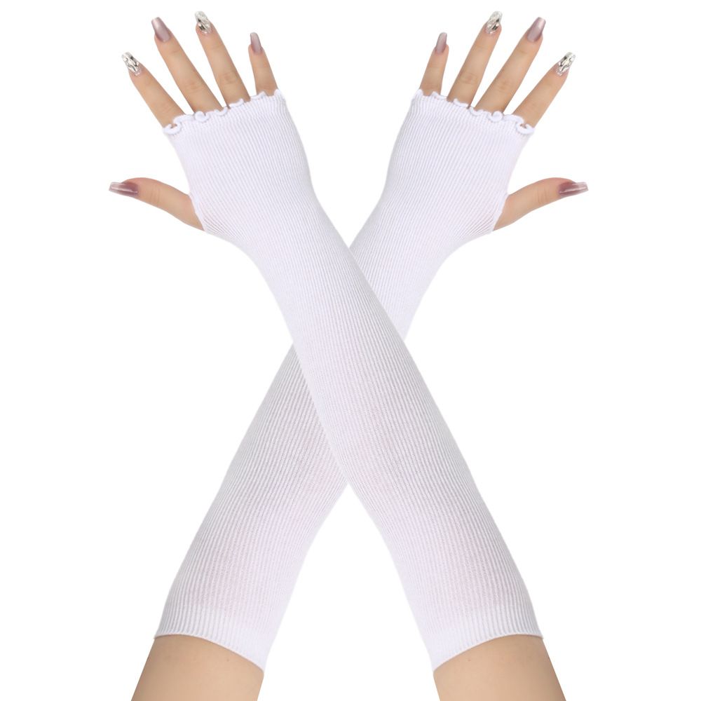 Unisex Long half-finger gloves with wooden ear edge Knitted warm cotton solid color open finger ruffled extended gloves_viptrois.com