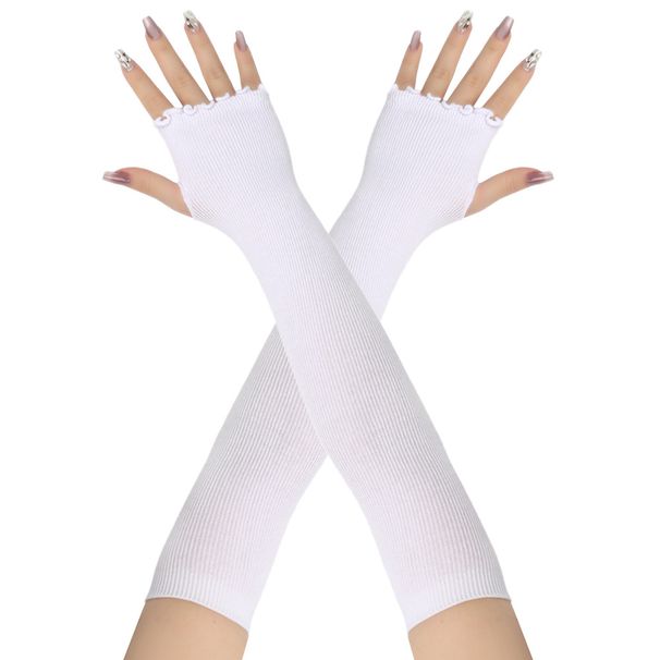 Unisex Long half-finger gloves with wooden ear edge Knitted warm cotton solid color open finger ruffled extended gloves_viptrois.com