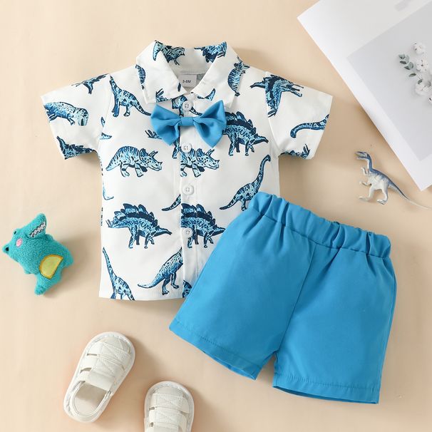 Babies' clothes Infant boy short-sleeved lapel T-shirt top shorts suit male baby dinosaur single-breasted gentleman top shorts_viptrois.com