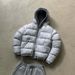 Men's Winter Puffer Jacket With Geometric Print, Thickened Hooded Short Coat, 80% White Duck Down Filling, Lightweight Polyester Shell (Black, Grey)_viptrois.com