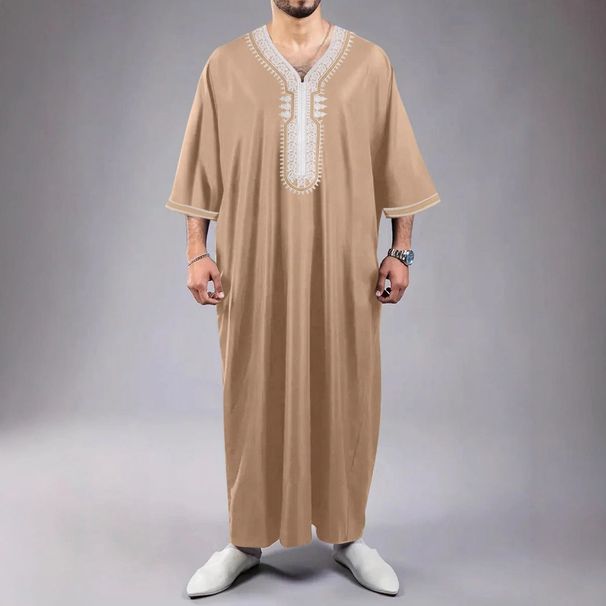 Men's Clothing New Arab Robe Side Pocket Short Sleeve Embroidery Navy Blue Men's Muslim Robe_viptrois.com