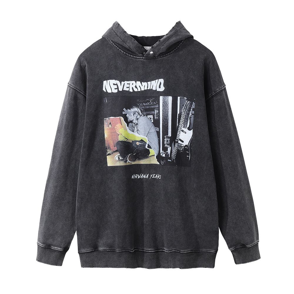 American Street Style Character Print Hoodie For Men, Ins Hip-Hop Loose Washed Vintage Pullover With Holes_viptrois.com