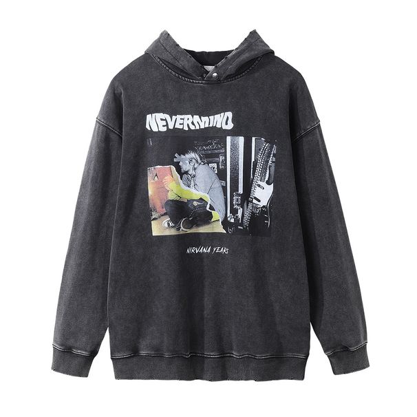 American Street Style Character Print Hoodie For Men, Ins Hip-Hop Loose Washed Vintage Pullover With Holes_viptrois.com