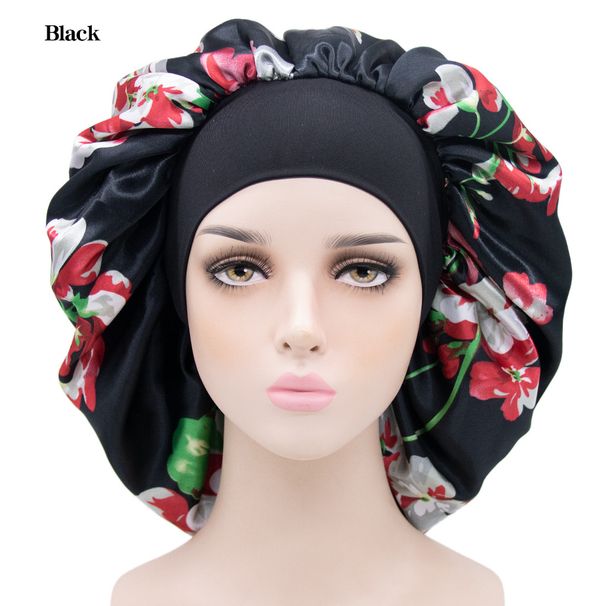 New Printed Satin Shower Cap Elastic Wide Brim Sleeping Cap Ladies Fashion Chemotherapy Hat Cross Border Supply_viptrois.com