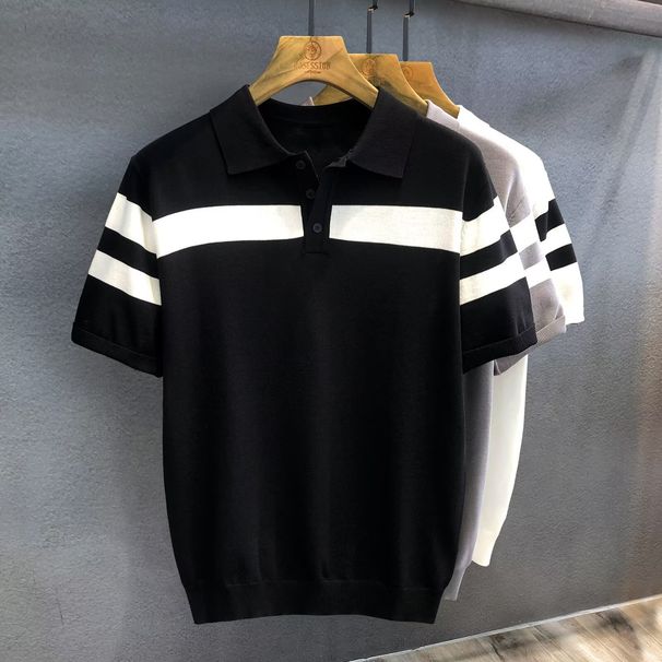 Men's Clothing Men's Cooling Ice Silk T-Shirt Short Sleeve Trendy Striped Top Knitted Summer Style Half Sleeve_viptrois.com
