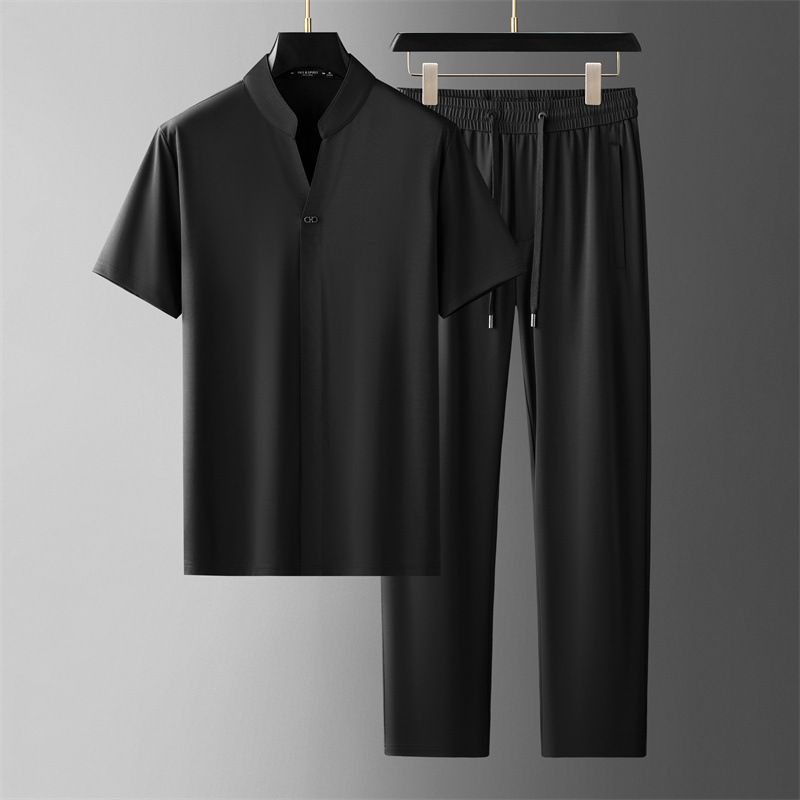 Men's Clothing Ice Silk Stand Collar Short Sleeved Sports Casual Fashion Handsome Loose Casual Tencel Two Piece Suit_viptrois.com
