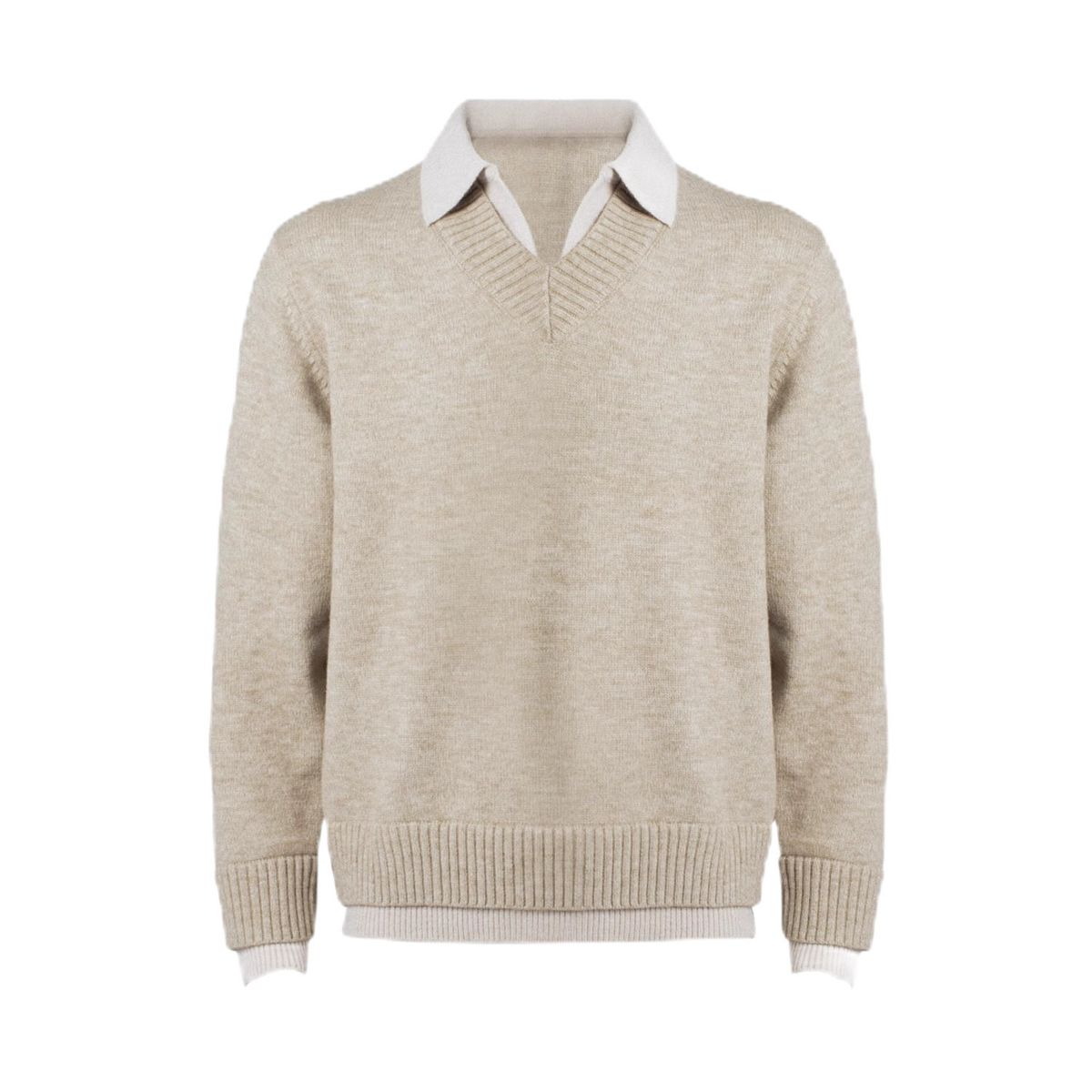 Oversized Knit Polo Shirt – Fake Two-Piece Design, V-Neck Preppy Style, Breathable & Stretchable (Gray/Beige) – Old Money Aesthetic_viptrois.com