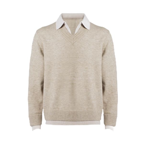 Oversized Knit Polo Shirt – Fake Two-Piece Design, V-Neck Preppy Style, Breathable & Stretchable (Gray/Beige) – Old Money Aesthetic_viptrois.com