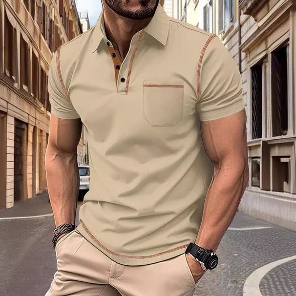Polo Collar Shirts Men Blouses Short Sleeve Casual Shirt Spliced Buttons Loose Fit 2025 Spring Business Pockets Pullover_viptrois.com
