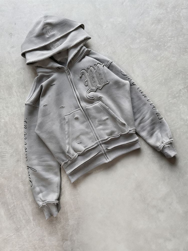 Men's Fashion Hoodie And Ripped Straight Leg Pants Set Trendy Streetwear Zip Up Double Hood Sweatshirt_viptrois.com