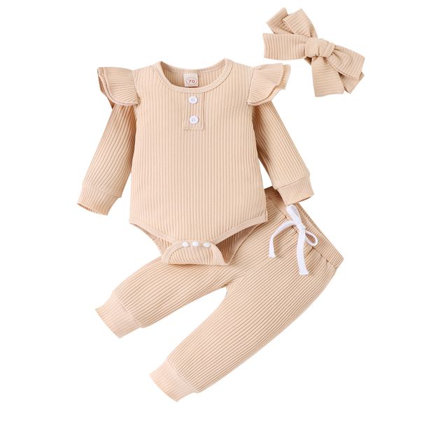 Baby clothing solid color casual pit strip long sleeve small flying sleeve one-piece harshirt trousers three-piece bow headscarf_viptrois.com