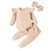 Baby clothing solid color casual pit strip long sleeve small flying sleeve one-piece harshirt trousers three-piece bow headscarf_viptrois.com
