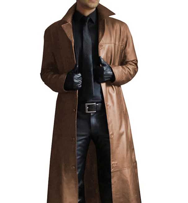 Men's Clothing Hot Selling Spot Men's Clothing Long Windbreaker Men's Fashion Long PU Leather Jacket Slim Fashion Leather Jacket_viptrois.com