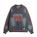 Street Tie-Dye Washed V-Neck Denim Long Sleeve Sweatshirt Men's Three-Stripe Sports Loose Top INS Trendy Brand_viptrois.com