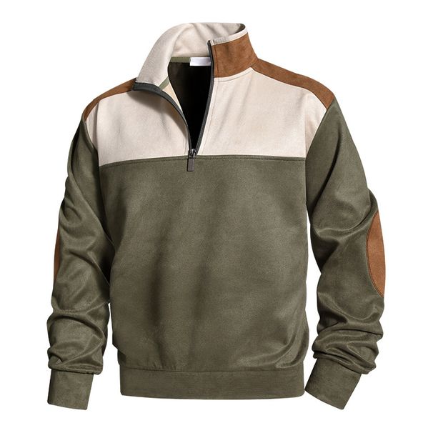 Men's Long Sleeve Stand Collar Half-Zip Sweatshirt – Casual Outdoor Pullover With Color Block Design (S-Xxxl, Army Green/Charcoal Grey)_viptrois.com
