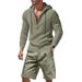 Men's Casual Linen Hooded Suit Summer Trendy Beach Wear Loose Fit Long Sleeved Shorts Black Gray Khaki American Style_viptrois.com