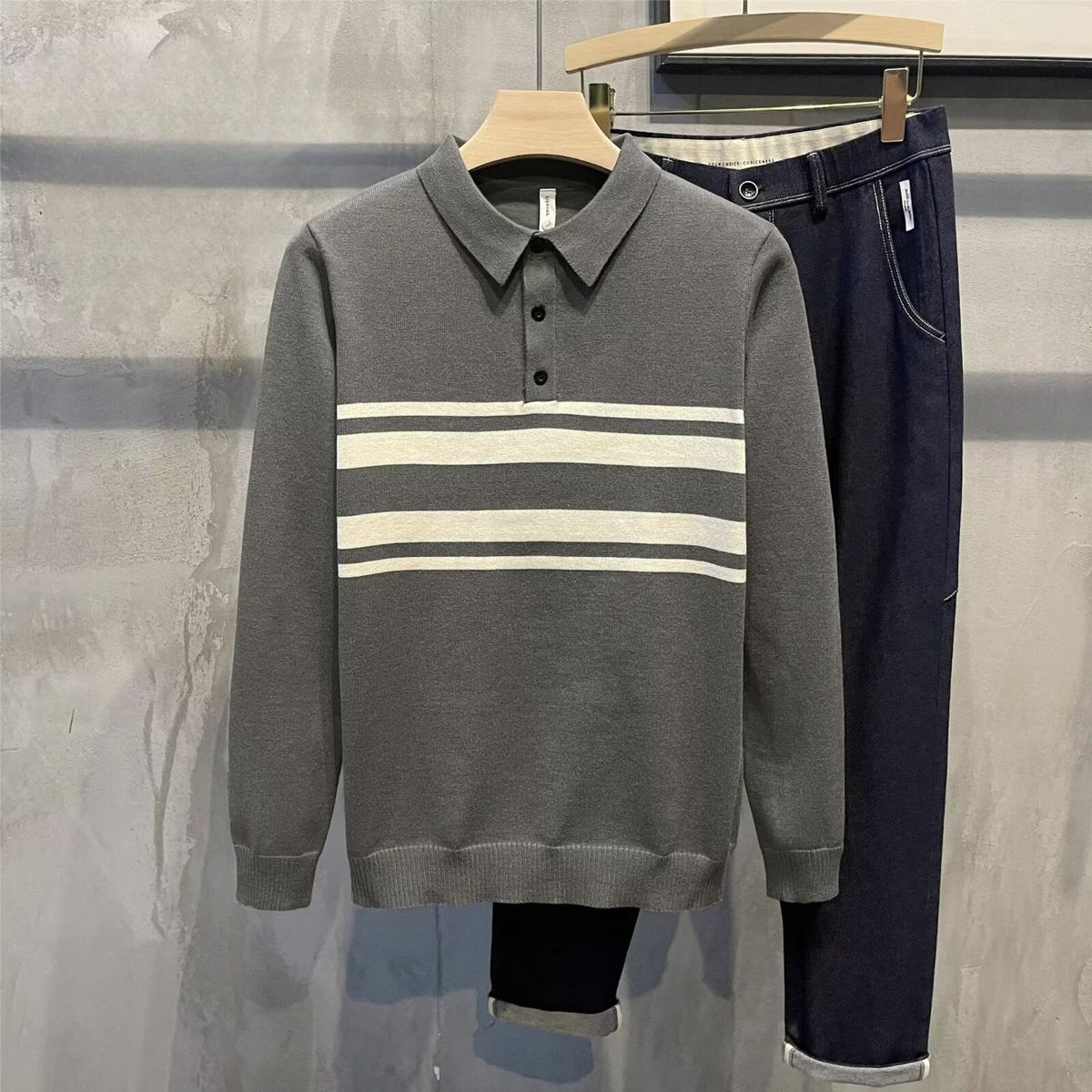 New Long Sleeved Knitted Sweater, Men's Polo Shirt, Collar Striped, Light Mature Style_viptrois.com