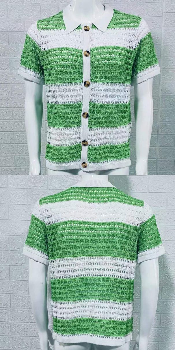 Men's Clothing Knitted Sweater Lapel Short Sleeve Colorblock Hollow Cardigan_viptrois.com