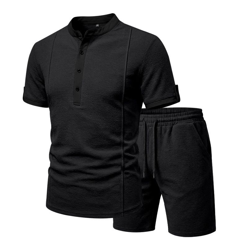 Men's Summer Henley Collar Short Sleeved Shirt And Shorts Set Style 250g Textured Jacquard Two-Piece Set_viptrois.com