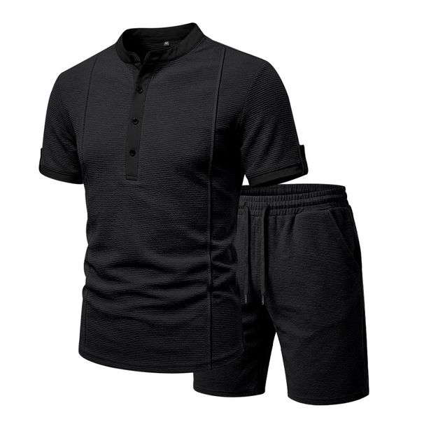 Men's Summer Henley Collar Short Sleeved Shirt And Shorts Set Style 250g Textured Jacquard Two-Piece Set_viptrois.com