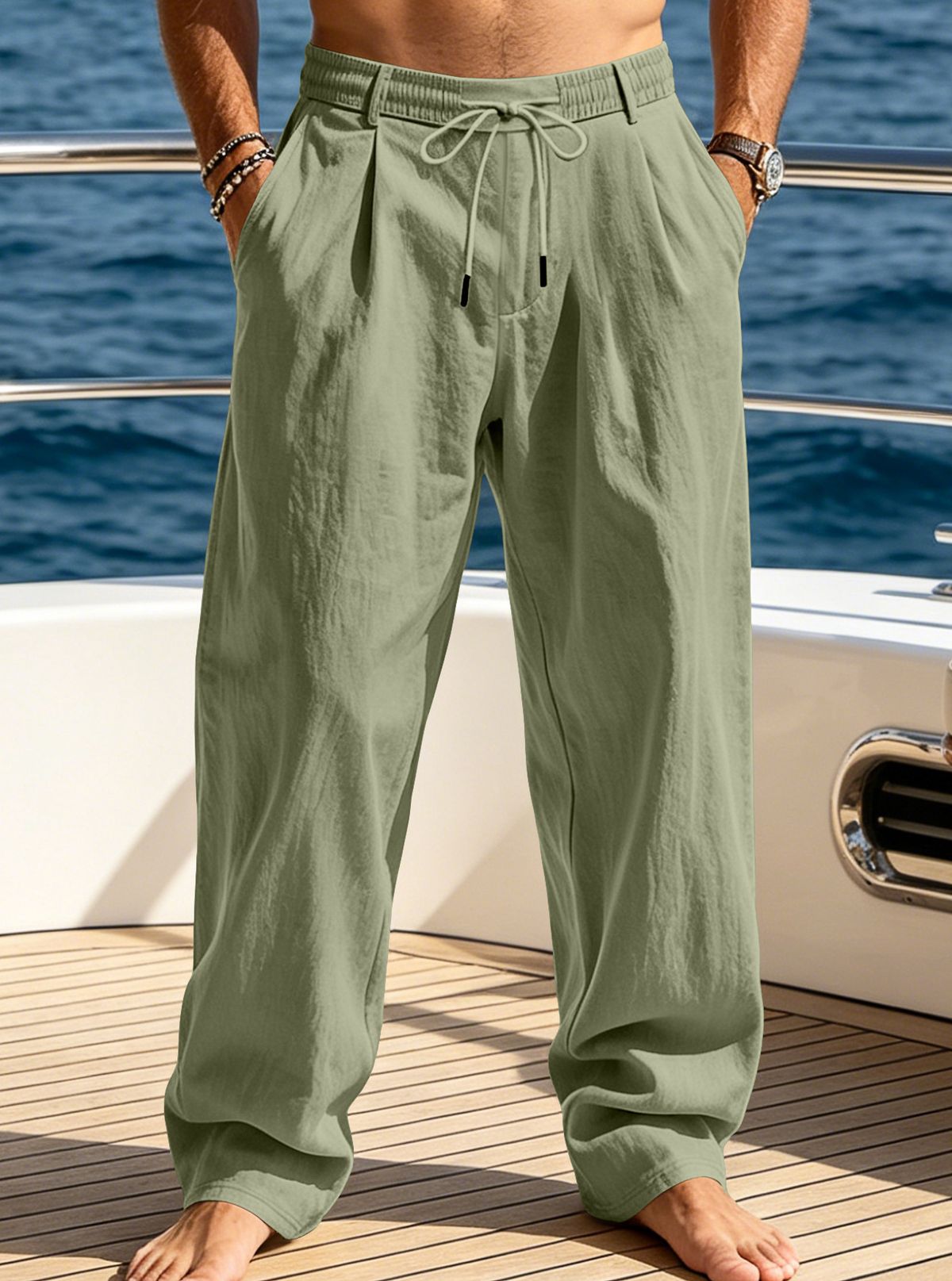 Breathable Cotton Linen Casual Trousers For Men, Loose Fit Straight Leg Summer Beach Pants, Lightweight Comfortable Walking Hiking Travel_viptrois.com